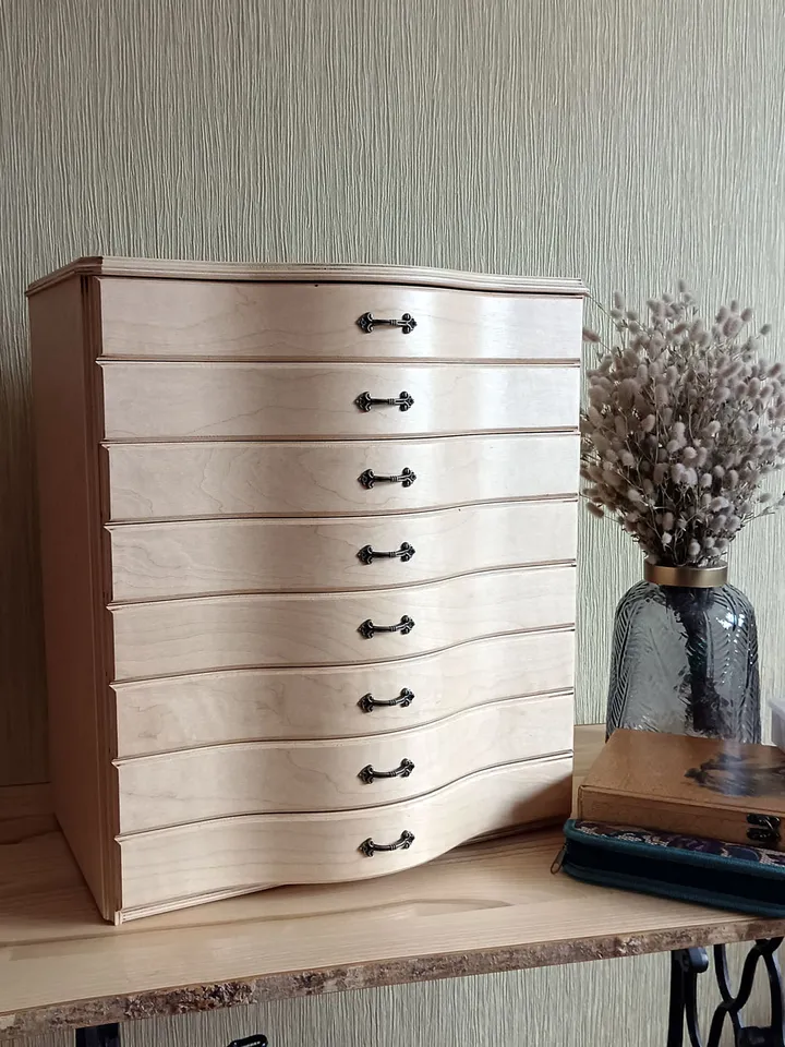 Floss storage cabinet for DMC floss bobbins and skeins, Stitching drawer box with curved faces in vintage style