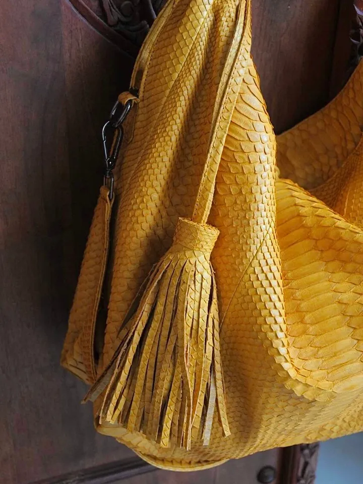 Big Soft Hobo Classy Sport Woman Bag | Purse Genuine Python Skin | Python Skin Products | Yellow Big Elegant Leather Designer Soft Bag Snake