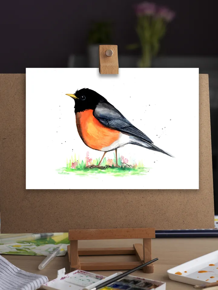 Robin original watercolor, bird on the grass painting, bird portrait room decor, 8x11 in wall art for bird lovers handmade by Anne Gorywine