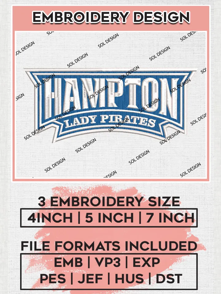 NCAA Hampton Lady Pirates College Football Team Logo Embroidery Design Files, NCAA Hampton Pirates Machine Embroidery, NCAA Teams, Game Day, 3 sizes, NCAA Machine embroidery designs, Digital Download