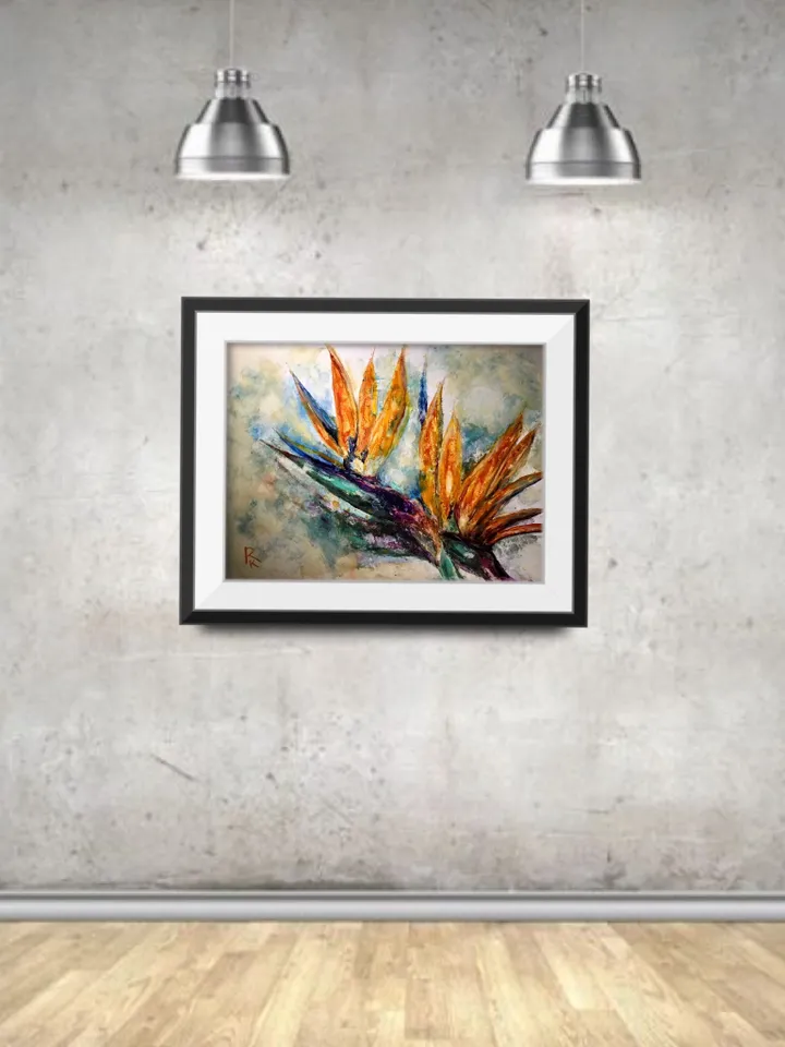 Bird of paradise flower, strelitzia flower original watercolour mix media painting on yupo paper,one of a kind painting,gift,wall art.