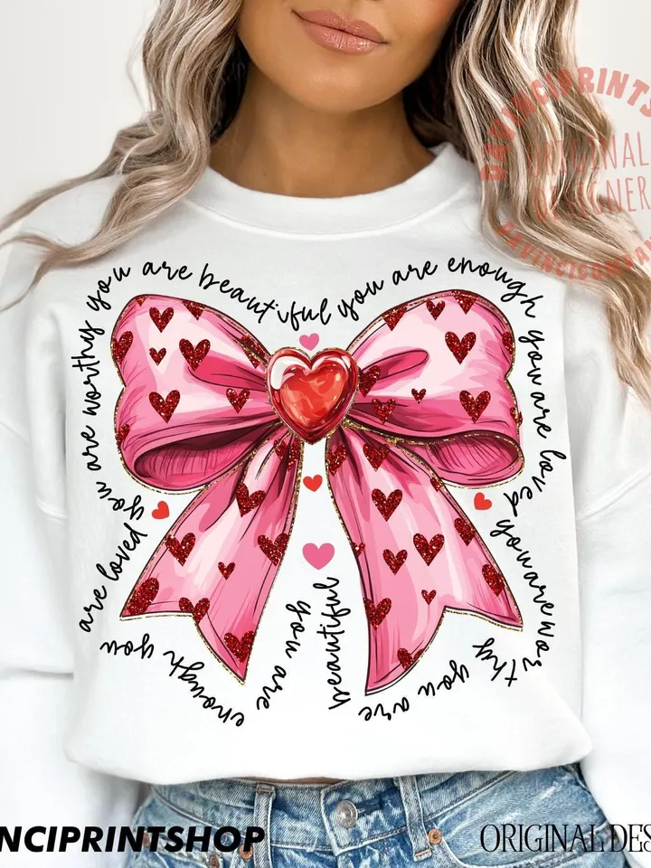 Pink valentine coquette heart png, You Are Enough, Loved, Worthy Png, Valentine Png, Glitter Valentine Png, Valentine coquette png, Love png