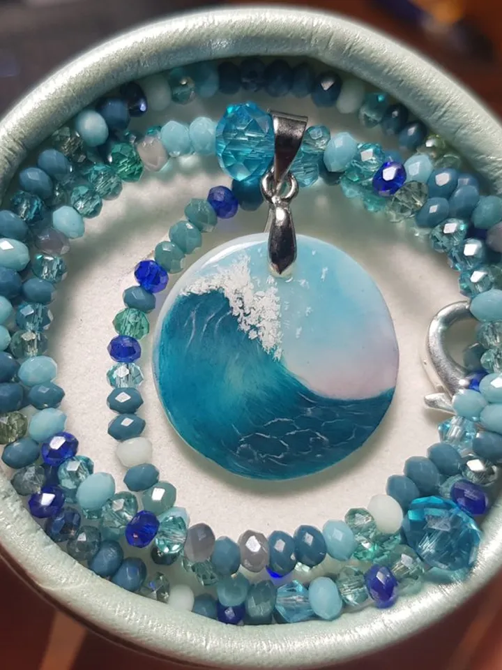Wave necklace, surfer jewelry, sea wave miniature painting on pearl pendant