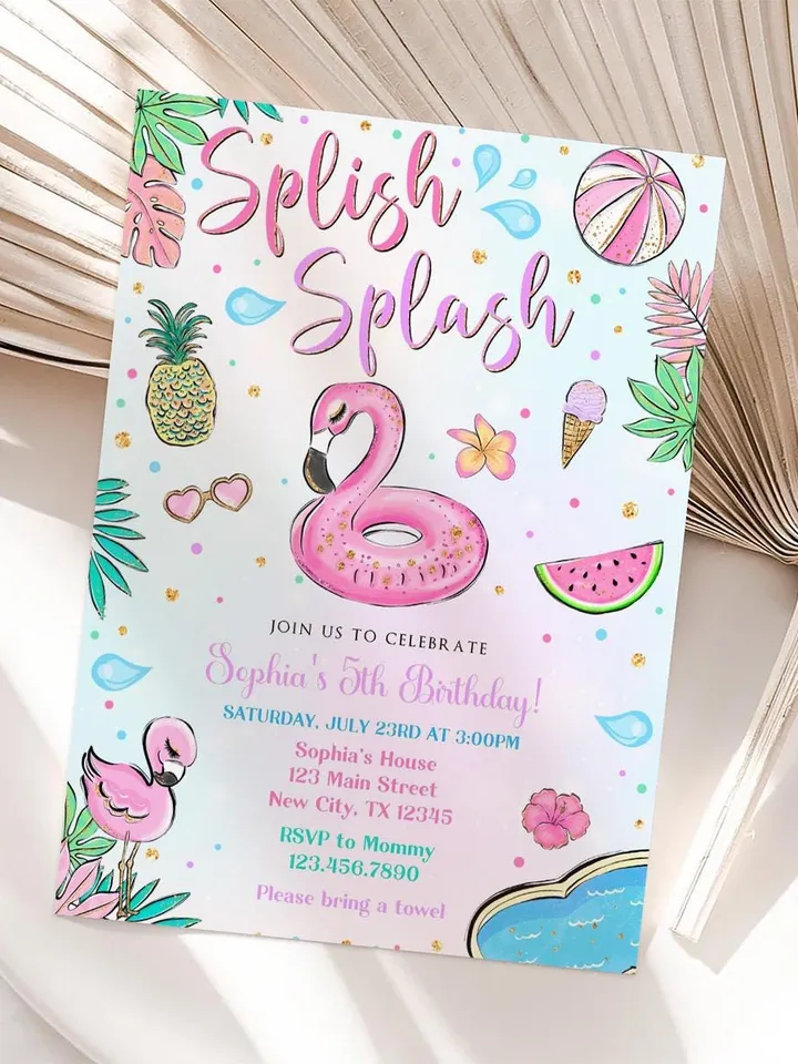 Flamingo Birthday Invitation, Splish Splash Birthday Invitation, Flamingo Pool Party Invitation Girl Instant Download Editable Template