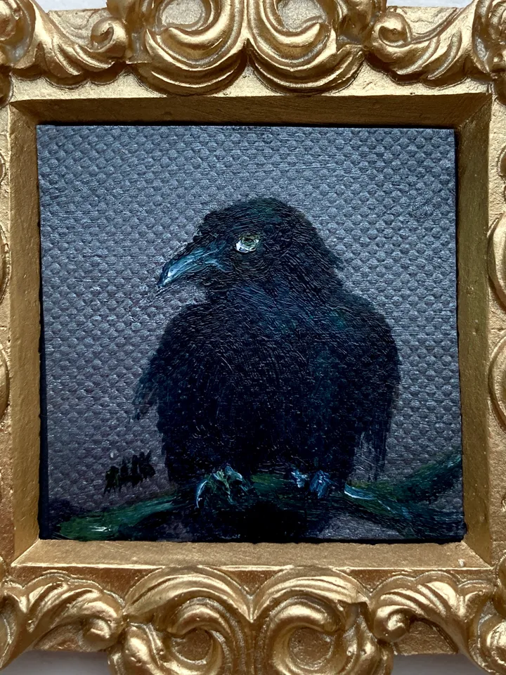 Framed Raven Painting Small Original Witch’s Friend Artwork Crow Art Tiny Oil Painting Bird