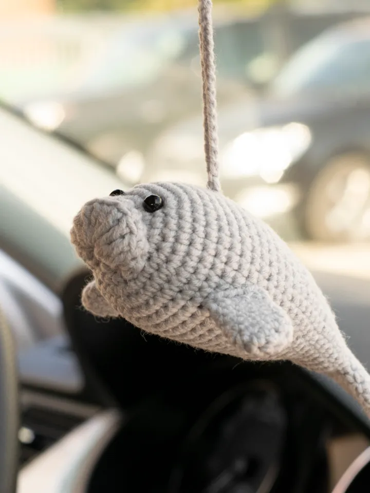 Manatee car hanging accessory for women, rear view mirror charm, cute crochet car pendant, stuffed manatee toy car decor