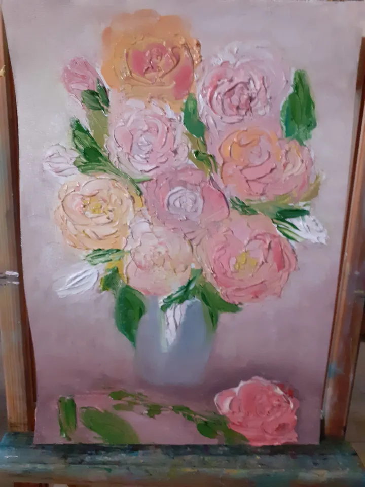 Oil Painting Bouquet of Tea Roses In a Vase Roses Flowers Nature Canvas 12x8 Inches Unframed Wall Decor 3D Image Impasto New