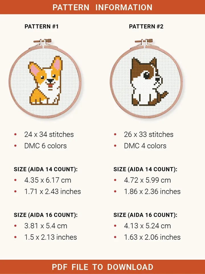 Bundle of 2 mini cute puppy Cross stitch patterns contemporary dogs Husky Corgi animals beginner counted modern DIY embroidery instant PDF