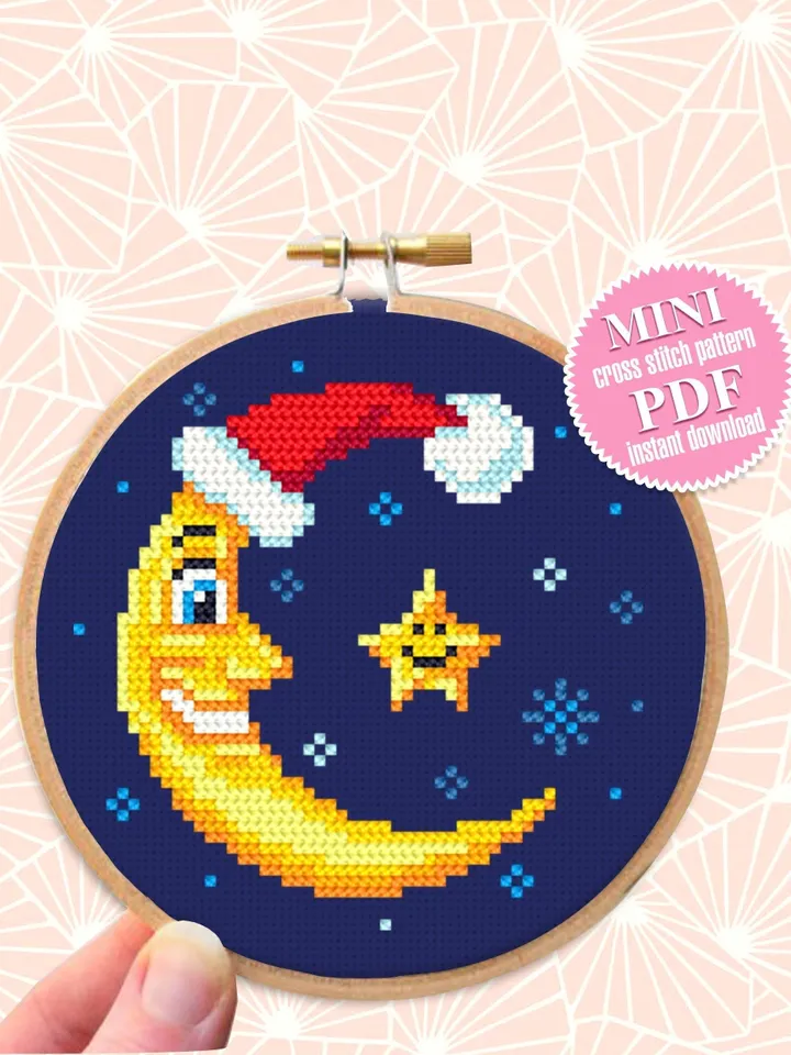 Christmas crescent moon cross stitch pattern download PDF Small Christmas pattern digital Winter embroidery PDF Mini tree ornaments #N11