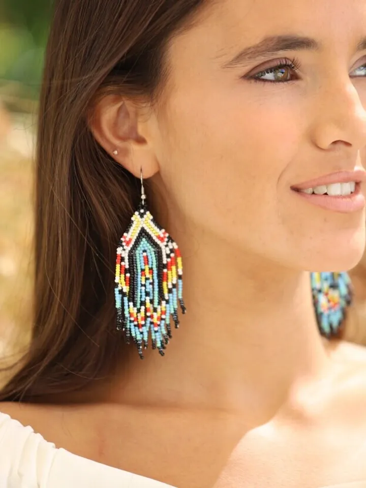Blue Boho Wedding Earrings, Long Beaded Fringe Earrings, Chandelier Statement Bridal Earrings, Tassel Earrings, Bohemian Statement Jewelry,