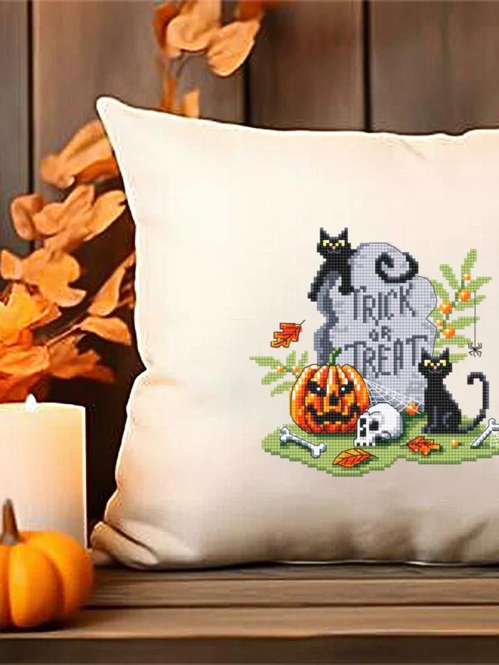 Halloween cross stitch pattern PDF download Black cat cross stitch chart, Trick or Treat Halloween pattern digital PDF, Halloween grave #H75