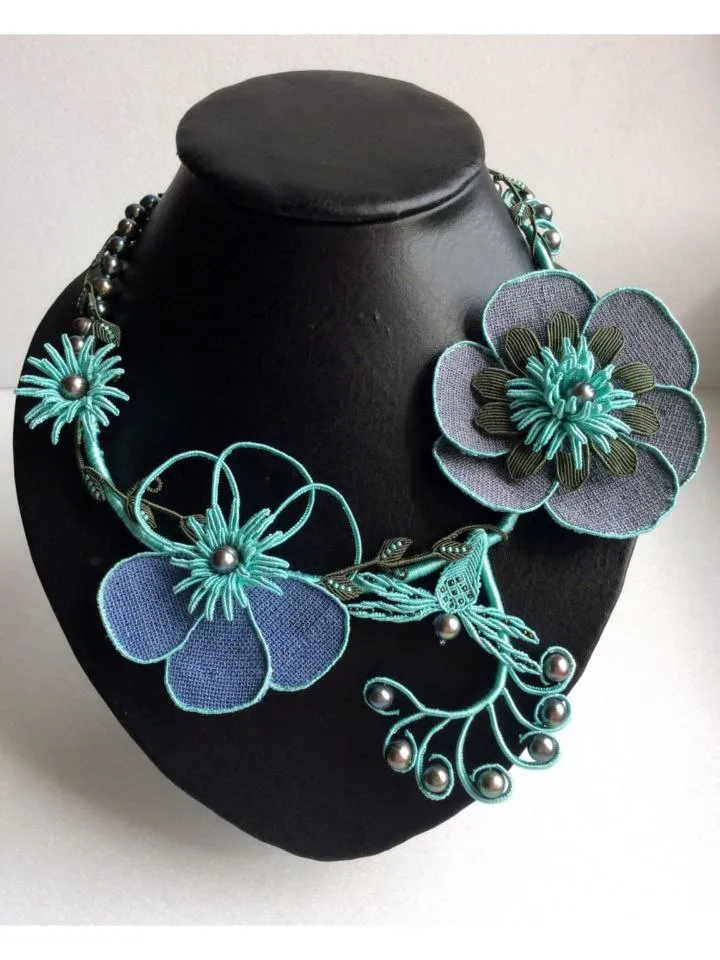 Night Dreams Floral and Dragonfly Asymmetrical Macrame Necklace