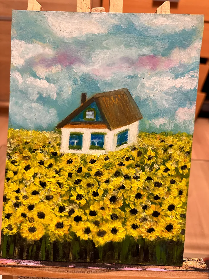 Oil Painting Country House in Sunflower Fields Agriculture Rural Landscape Flowers Nature Summer Vacation Wall Decor Miniature New Unframed Cardboard 9x7 Inches 24x18 cm