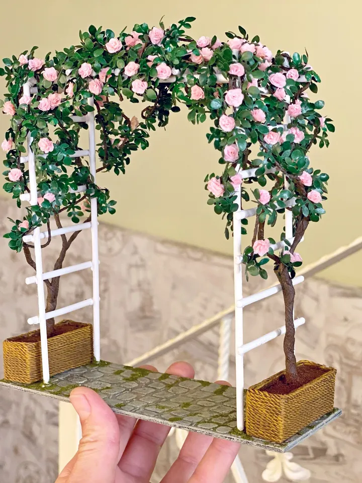 Arch with a weaving rose and a bench. Dollhouse accessories. 1:12. Doll garden. Plants for the doll.