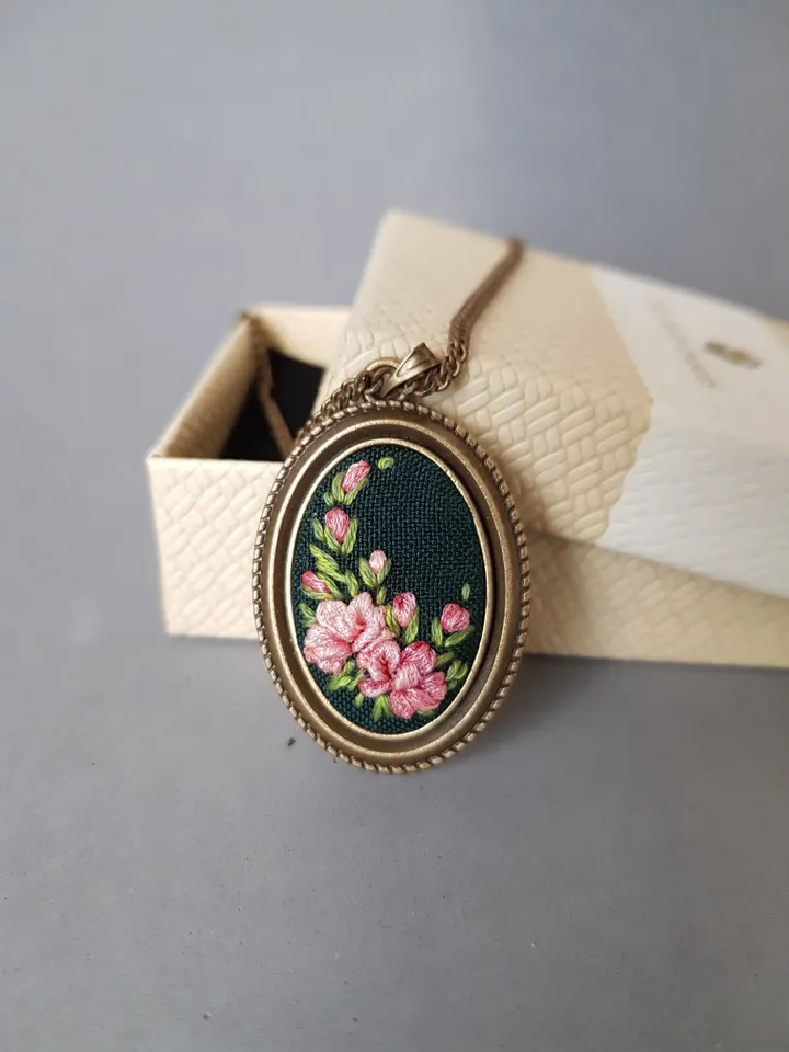 Hand embroidered pendant for her, 4th wedding anniversary gift, Christmas gift and Mother day gift