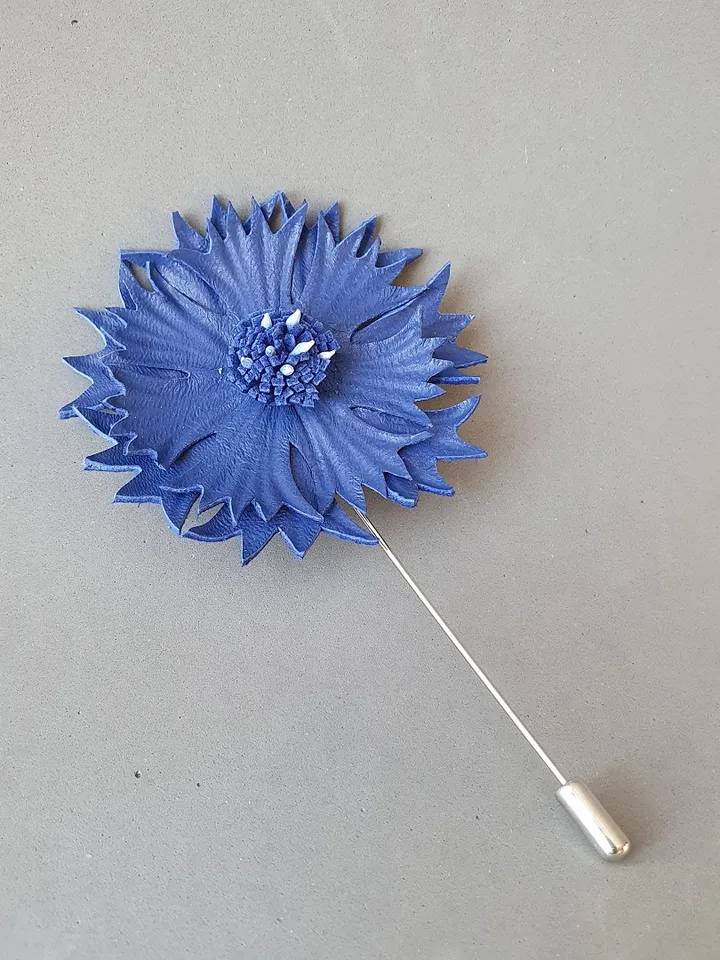 Blue cornflower men's lapel pin Leather boutonniere for him 3rd anniversary gift