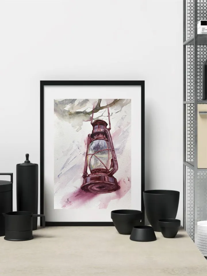 Lantern Painting Street Lamp Painting Cityscape Original Vintage Lantern Old Lamp Painting