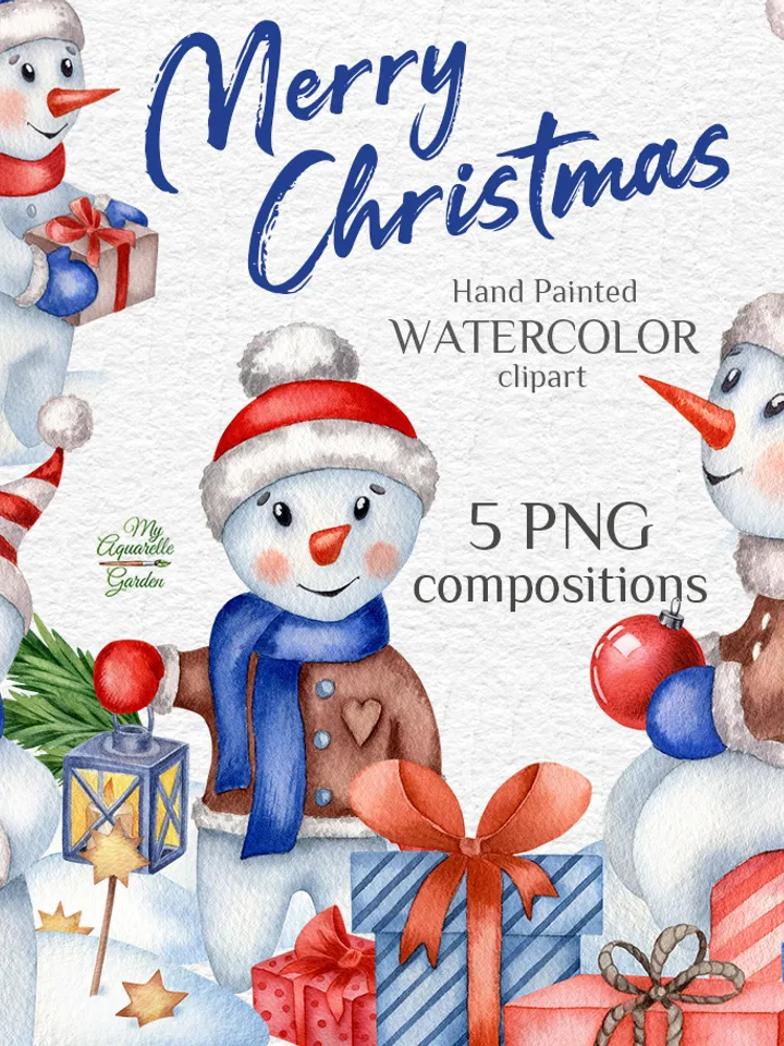 Snowmen Gold stars Fir Gift boxes Watercolor hand-painted (not AI) art Xmas New Year Winter DIY invitations cards stickers Scrapbooking Printable PNG