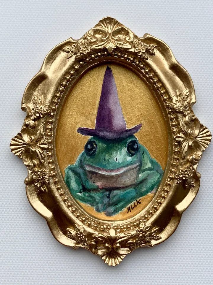 Framed Witch Frog Painting Original Green Frog Artwork Amphibians Art Watercolor Painting Tiny Artwork