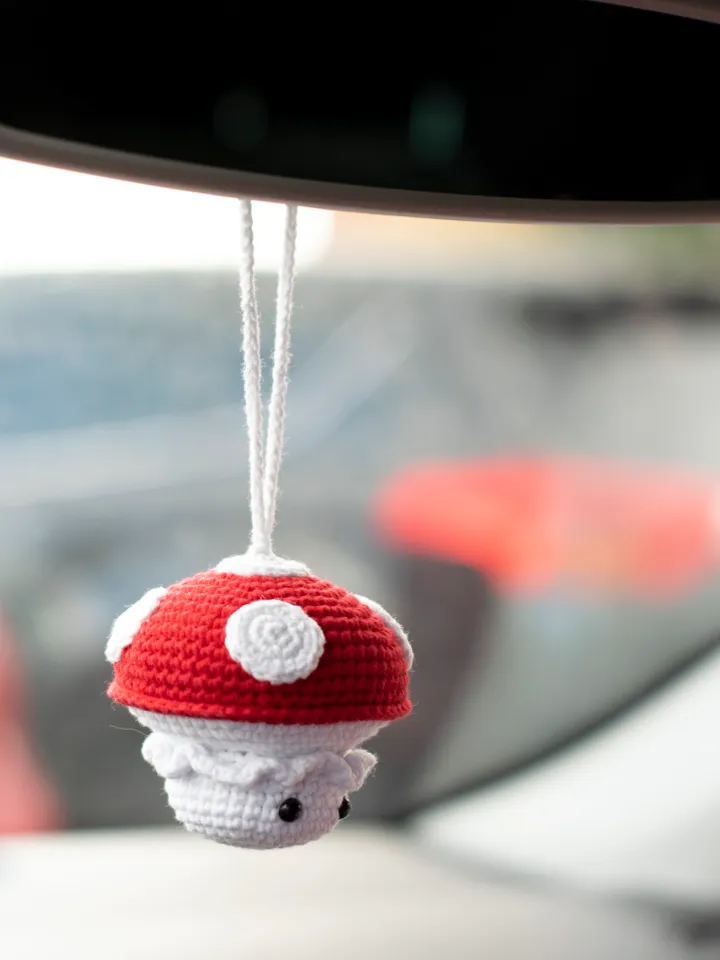 Red mushroom car hanging accessories for women, rear view mirror charm, stuffed mushroom cute car pendant
