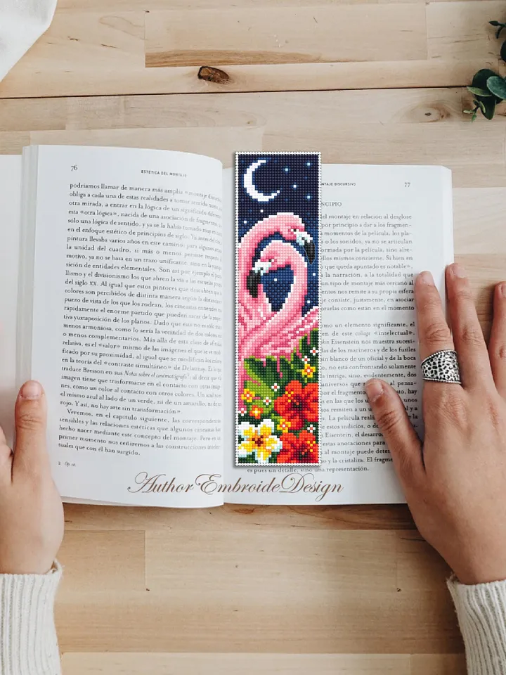 Flamingo bookmark cross stitch pattern PDF instant download Pink flamingo couple cross stitch chart, Bird bookmark pattern digital PDF #B442