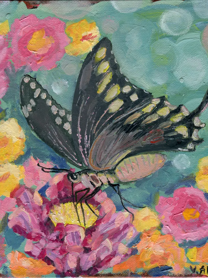 Painting flowers with a butterfly naif art bokeh