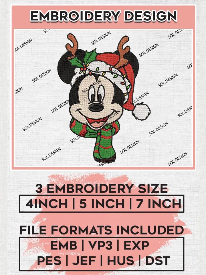 Reindeer Mickey Mouse Santa Claus Embroidery Design Files, Disney Christmas Machine Embroidery, Disneyland Embroidery, 3 sizes, Cute Christmas Machine embroidery designs, Digital Download
