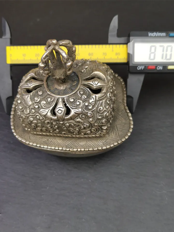 Gandhanra Handmade Tibetan Buddhist Offering Bowl,Kapala Skull Cup Set,Ritual Implement,Made of White Copper,7" Height