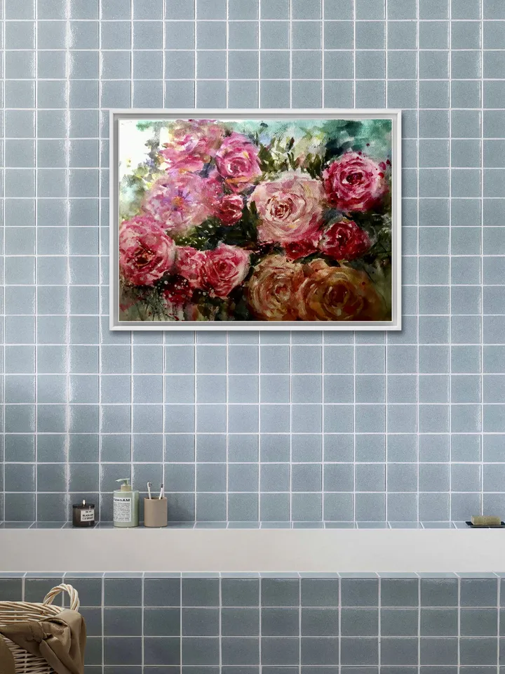 Roses garden poster from original watercolor,flowers painting,bouquet of pink and yellow roses,wall hanging,floral home decoration gift.
