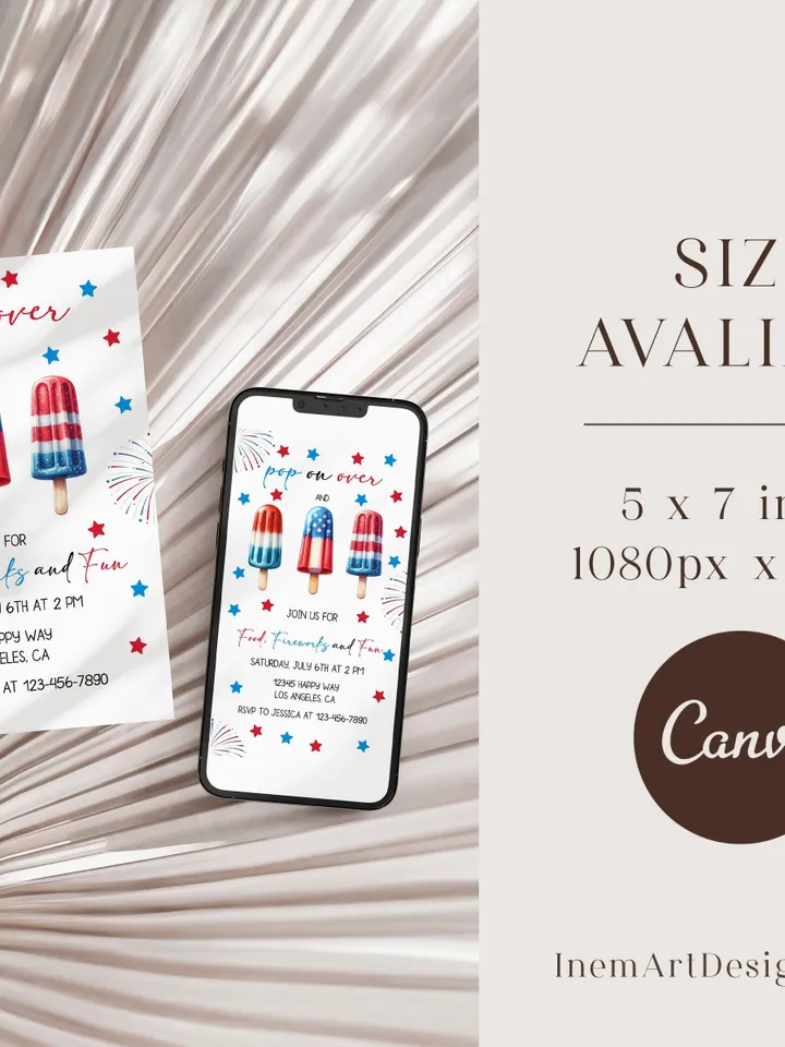 4th of July Invitation, Independence Day party Invite, Popsicles Pop on Over Invitation, Patriotic Party Invitation, Editable Canva Template