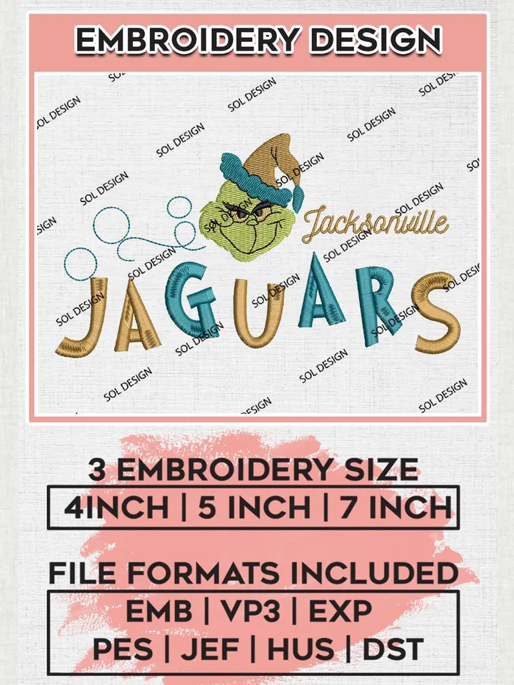 Christmas Grinch Jacksonville Jaguars Embroidery Designs, Grinch Embroidery Files, NFL Jaguars Machine Embroidery Designs, NFL Jacksonville Jaguars Logo, NFL Christmas Machine Embroidery Design, Digital Download
