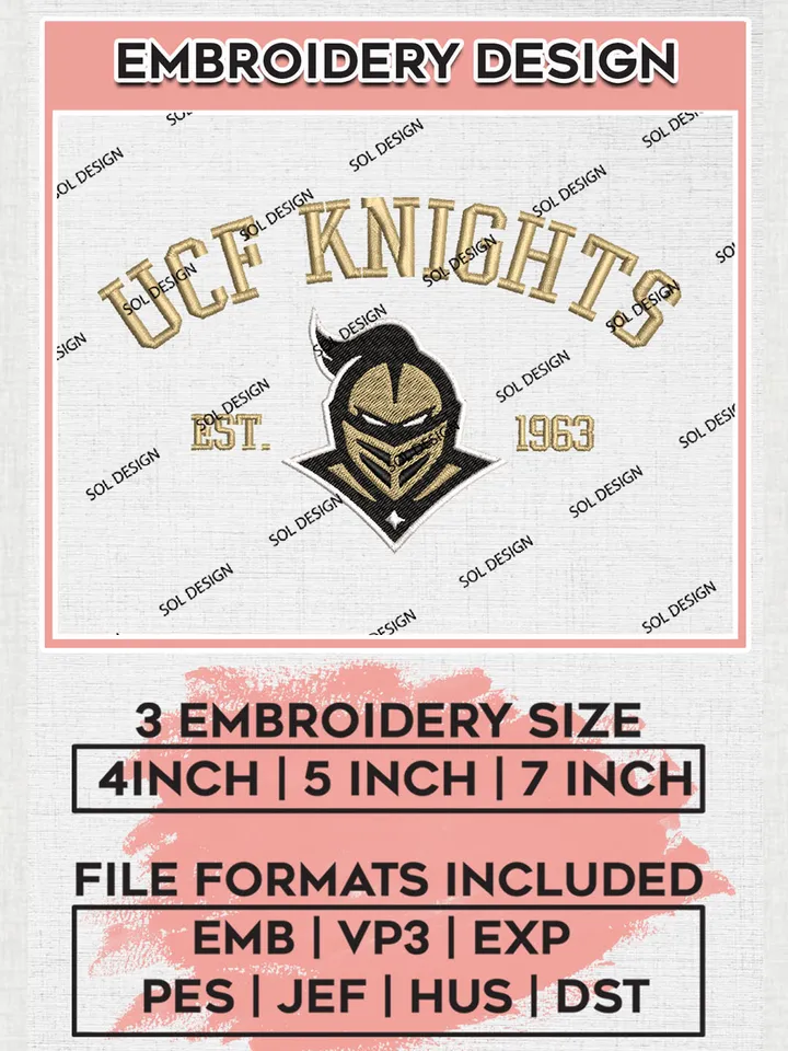 UCF Knights Est 1963 Logo Embroidery Designs, NCAA UCF Knights Team Embroidery, NCAA Team Logo, 3 sizes, Machine embroidery Files, Digital Download