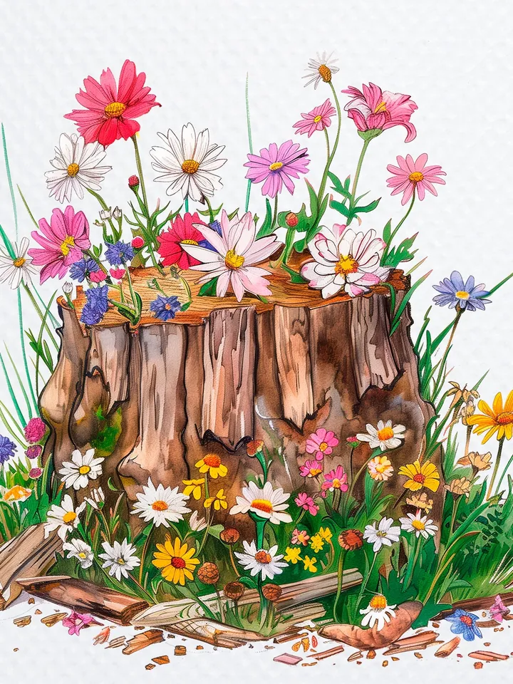 12 Wildflowers On Log png Clipart, Wild Flowers png, Printable Watercolor Wildflowers clipart for sublimation, Paper craft, junk journal