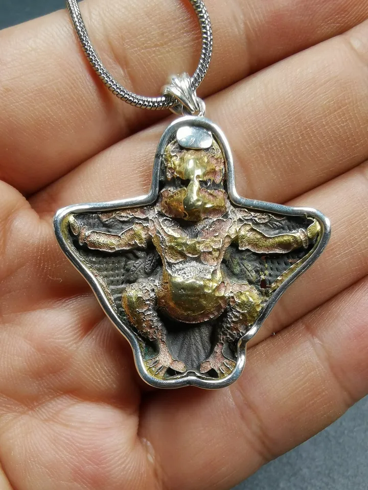 Exclusive Gandhanra Antique Garuda Bird Pendant | Rustic Tibetan Buddhist Amulet | 1.6 Hand-Carved Brass & Silver | 50 Years Old