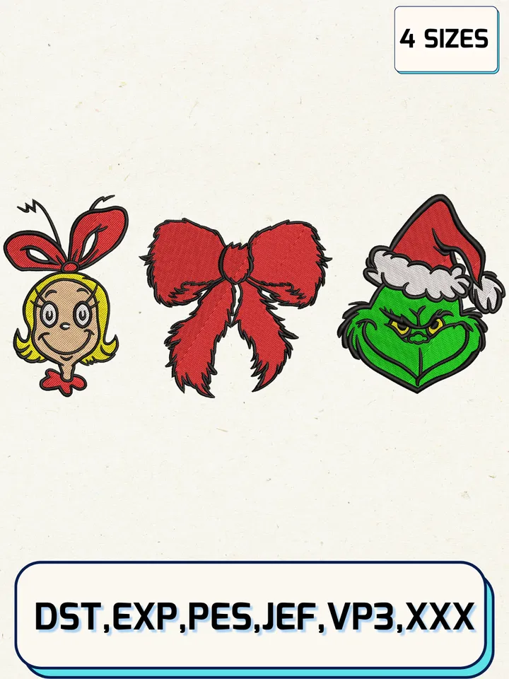 Grinchmas Coquette Bow Christmas Embroidery Design Files,Christmas Embroidery Designs,Machine Embroidery Files,4 Sizes