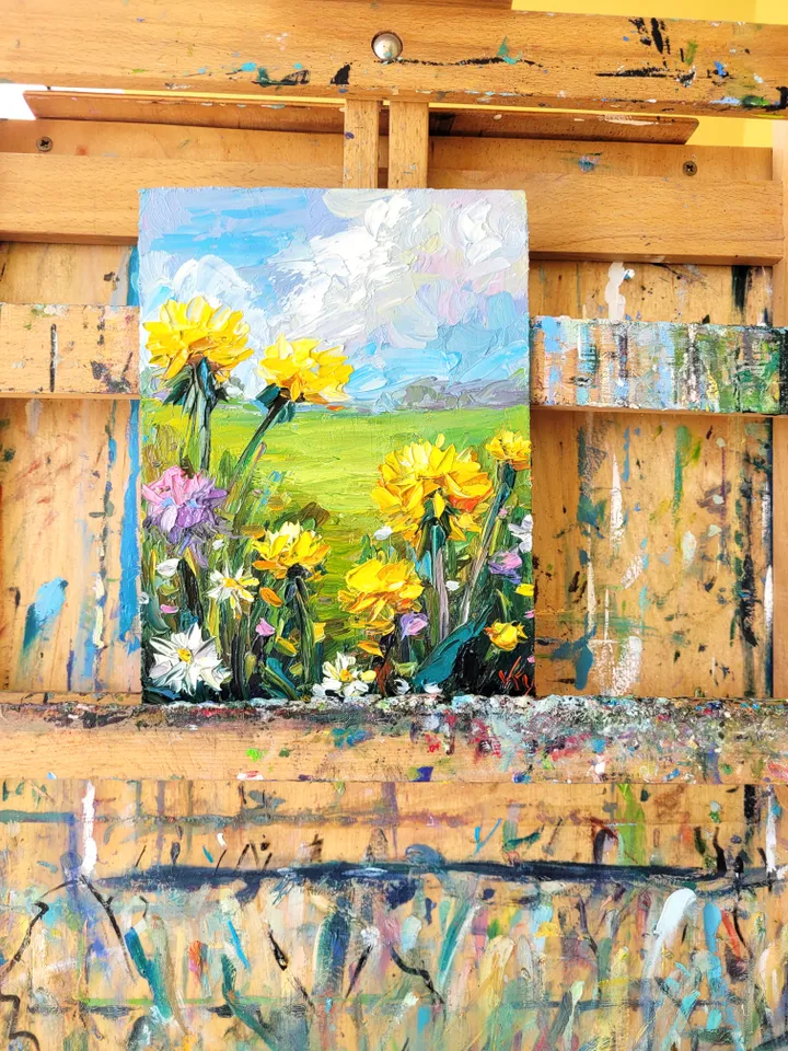 Dandelion Painting Flower Original Art Impasto Painting 6x8 Daisy Wall Art Wildflower Painting Meadow Painting Small Gift by ArtFromVictoria