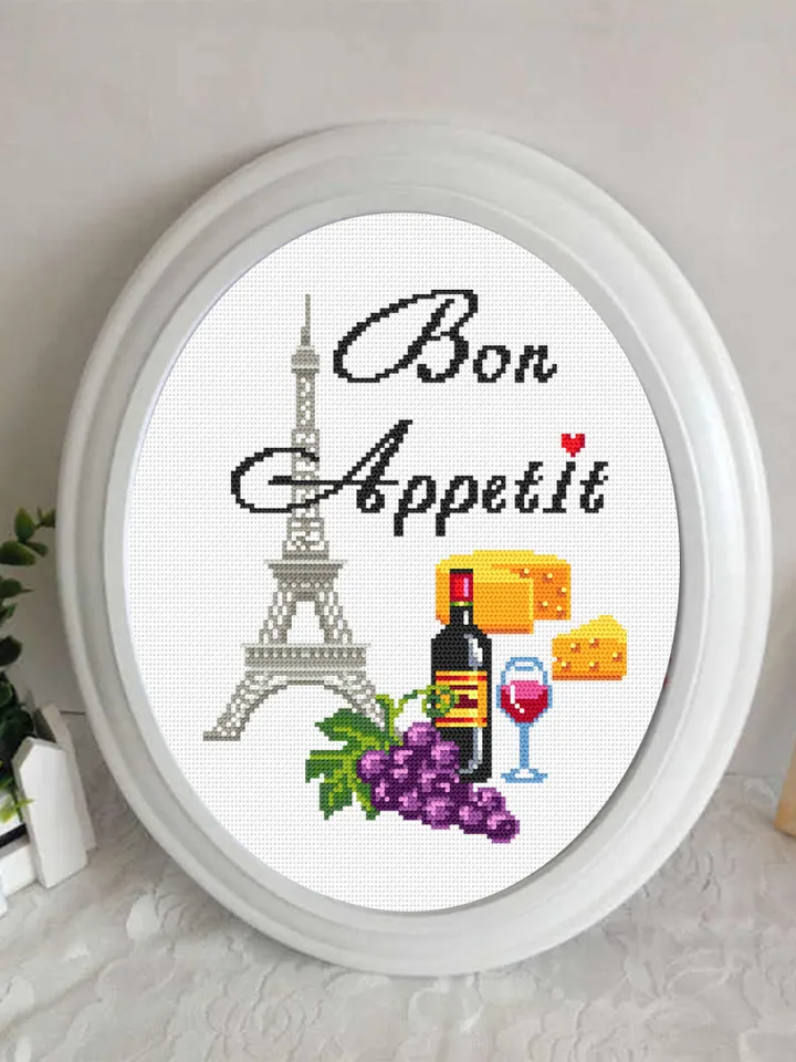 Paris kitchen cross stitch pattern download PDF, Food cross stitch chart, Quote cross stitch Bon Appetit, Eiffel Tower hand embroidery #F6