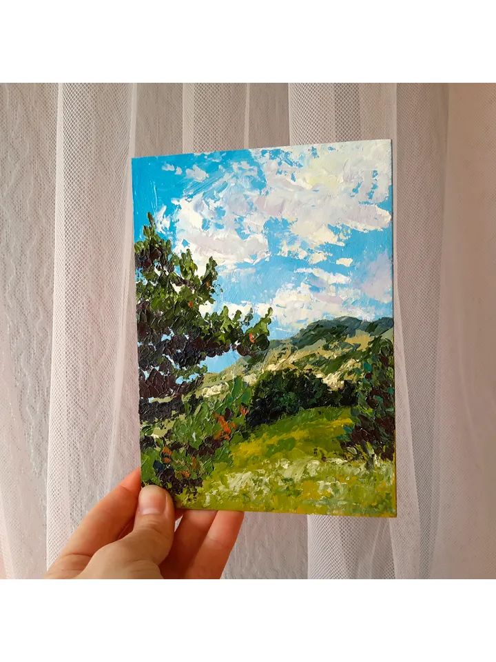 Pine Tree Original Oil Painting Small Landscape Impasto Wall Art.