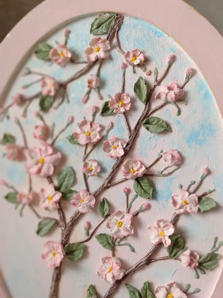 Mother's Day gift Oval painting with cherry blossoms in pink frame Sakura painting Floral painting