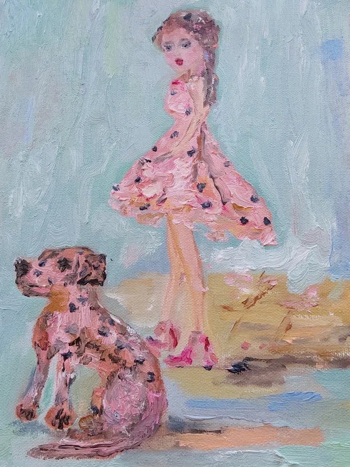 "Walking with a dog" oil painting on canvas 30x40cm (12x16 inch)