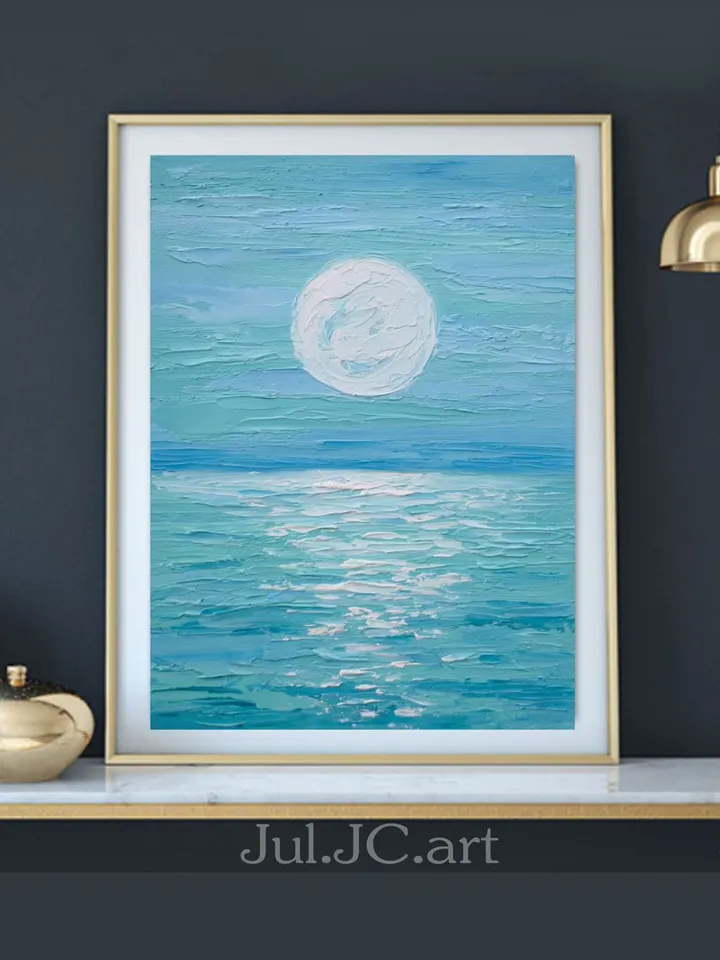 Moonlit night original art Seascape oil painting Blue Turquiose ocean wall art