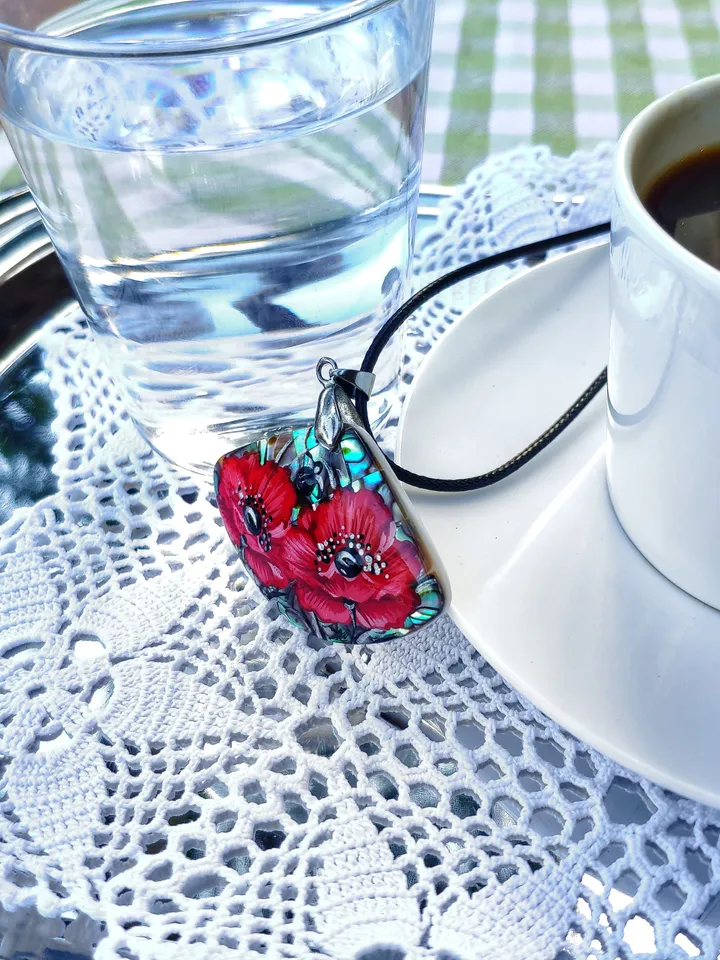 Pearl pendant necklace: Red poppies on Elegant abalone shell necklace. Aesthetic Mother of pearl pendant. Stylish graceful gift for her