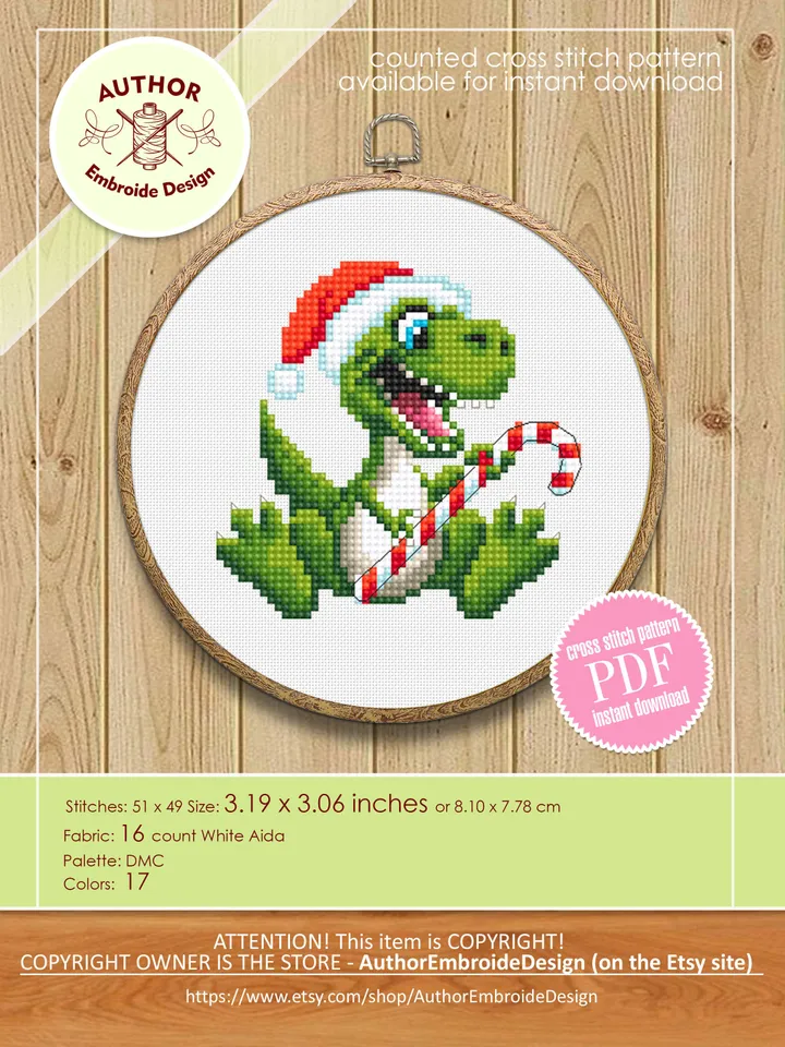Funny dinosaur christmas cross stitch pattern PDF download, Set of 2 small dinosaur cross stitch chart, Cute dino pattern digital PDF #N113