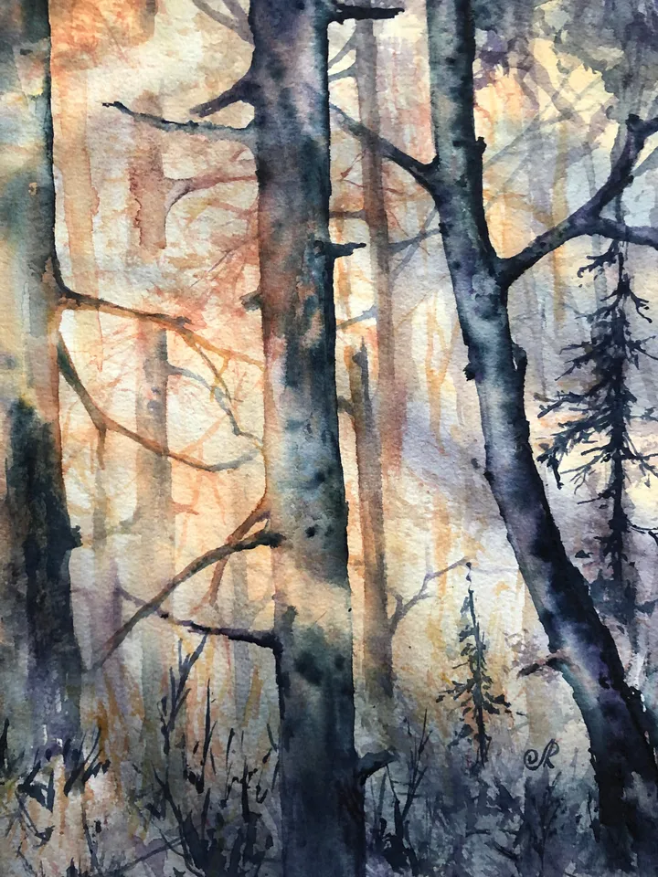 Forest Original Painting Watercolor Sunset Painting Trees Landscape Wall art