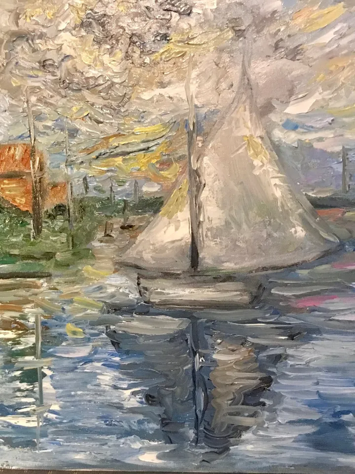 Boat on the river,original oil impressionistic style painting on canvas board,Monet inspired,handmade painting,home decoration wall hanging