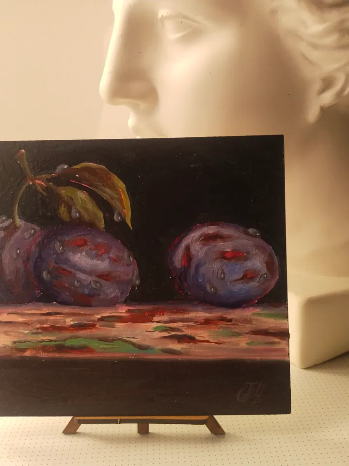 Original plum oil painting, Bright Fruit with water drops miniature art, Small fine art on panel