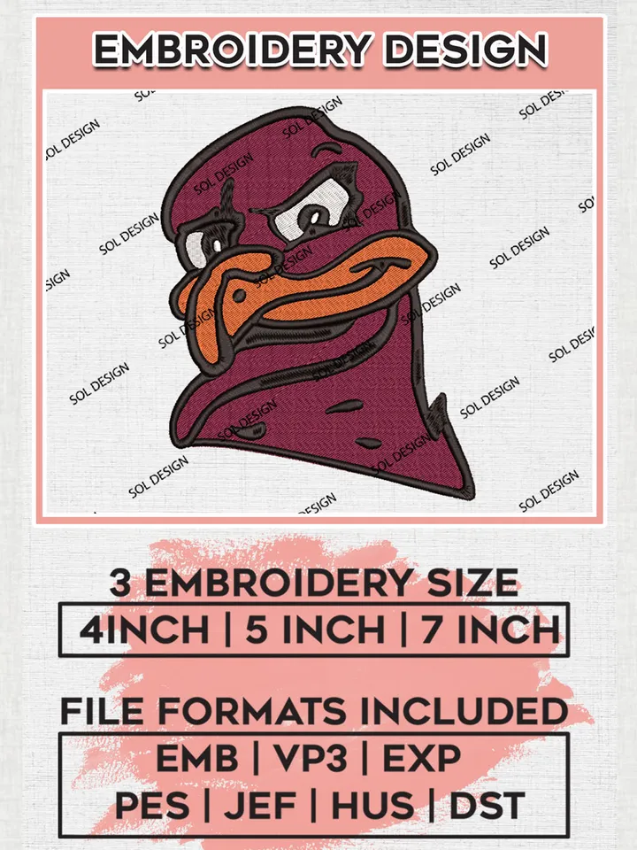 Virginia Tech Hokies Mascot Embroidery Designs, NCAA Logo Embroidery Files, NCAA Virginia Tech Hokies Logo, NCAA Embroidery Designs, Machine Embroidery Designs, Digital Download