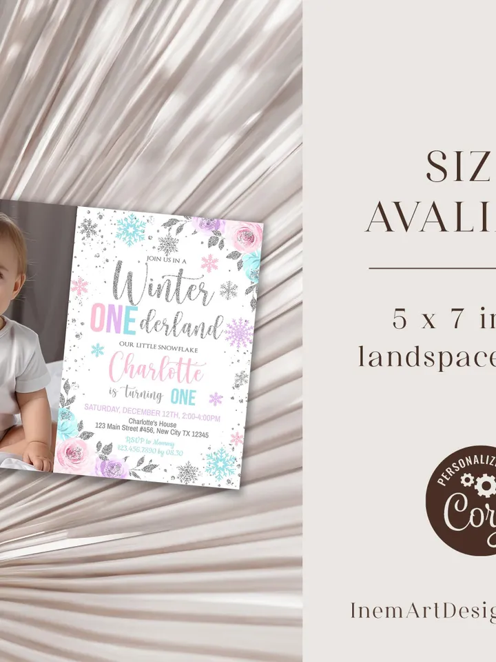 Winter Onederland Birthday Girl Invitation, Winter Wonderland 1st Birthday Invitation, First Birthday Snowflake Photo Template i098