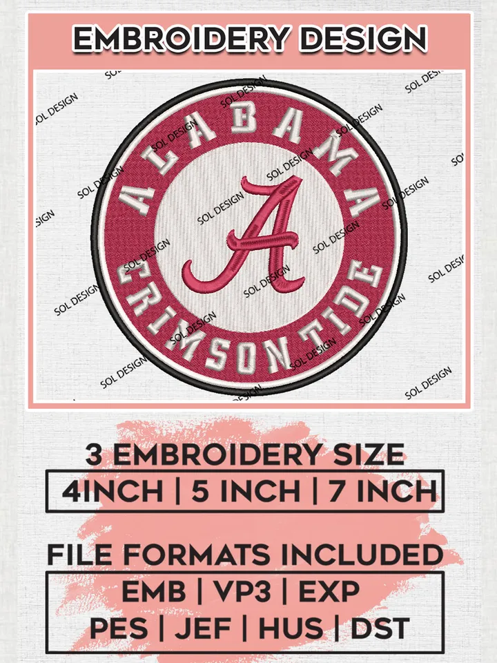 Alabama Crimson Tide Team Round Logo Embroidery Design Files, NCAA Alabama Crimson Tide Machine Embroidery, NCAA Teams, 3 sizes, NCAA Machine embroidery designs, Digital Download