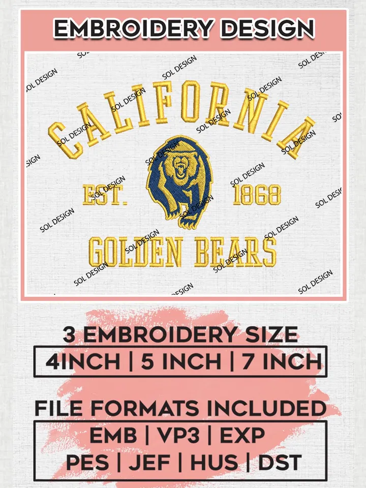 California Golden Bears Est 1868 Logo Embroidery Designs, NCAA California Golden Bears Team Embroidery, NCAA Team Logo, 3 sizes, Machine embroidery Files, Digital Download
